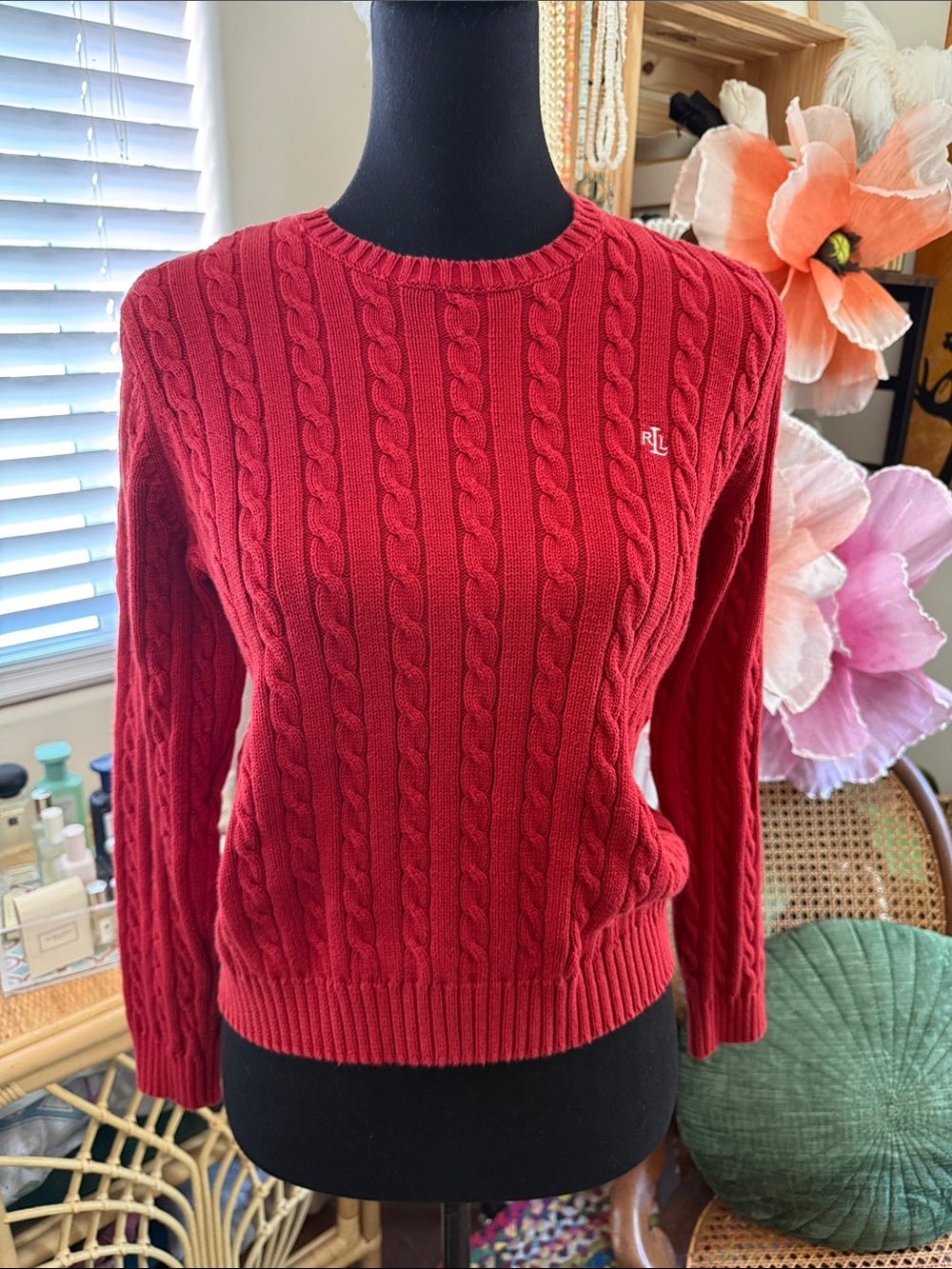 Vintage 80s/90s Lauren Ralph Lauren Red Cable Knit Classic Preppy Chic Sweater